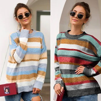 

Multicolor Striped Knitted Sweater Women Long Sleeve Winter Soft Pullovers Student College Style Streetwear Femme Tops Blouse