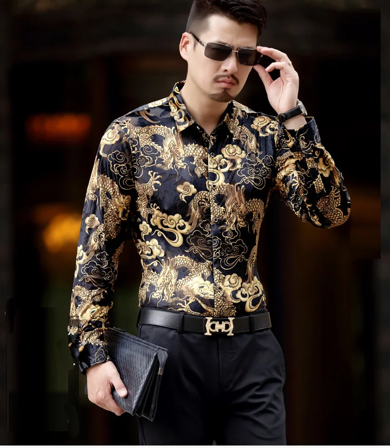 Fashion Luxury Mens Silk Shirts Men Casual Long Sleeve Dragon Print