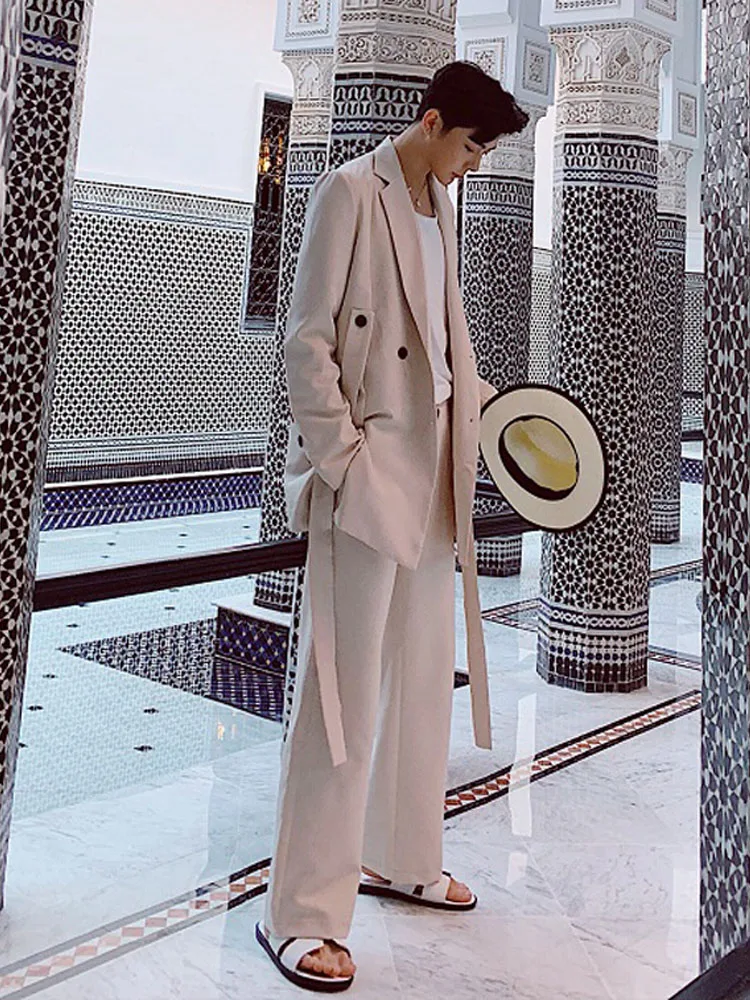 

Male Ribbon Blazer Jacket Trousers New Men Fashion Casual 2PCS Suits (jacket+pant) Streetwear