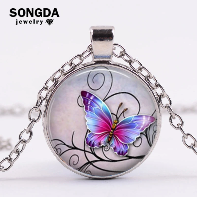 

SONGDA Fine Purple Butterfly Art Specimen Pendant Necklace Glass Cabochon Silver Bronze Gold Black Chain Ketting Necklace Women