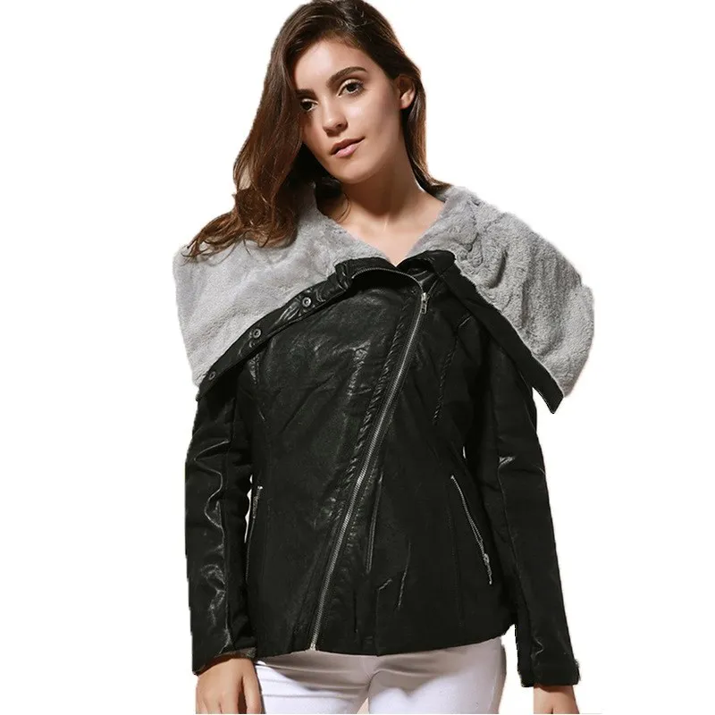Hot Fashion Female Faux Fur collar Leather Jackets Women Faux Leather Warm Overcoats Winter Turn-Down Collar Short Outerwear