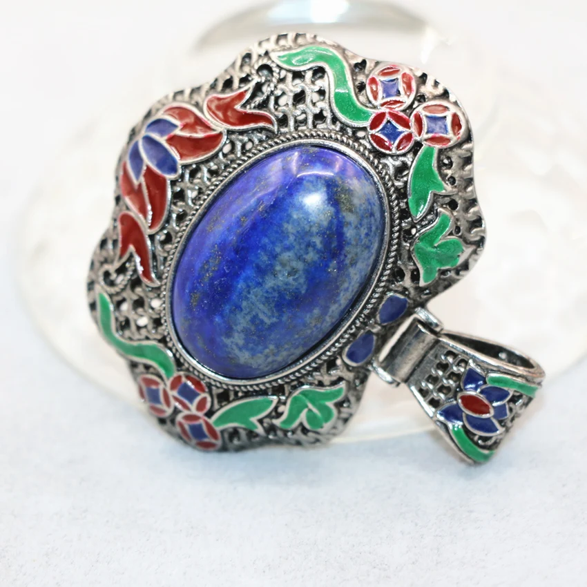 

Natural oval lapis lazuli stone pendant 45*55mm enamel antique silver-color gold-color cloisonne charms diy jewelry B3042