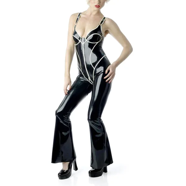 Латекс Модная одежда для девочек; трико сексуальный латекс облегающий костюм черный с белым комбинезон 2 способа молния спереди
