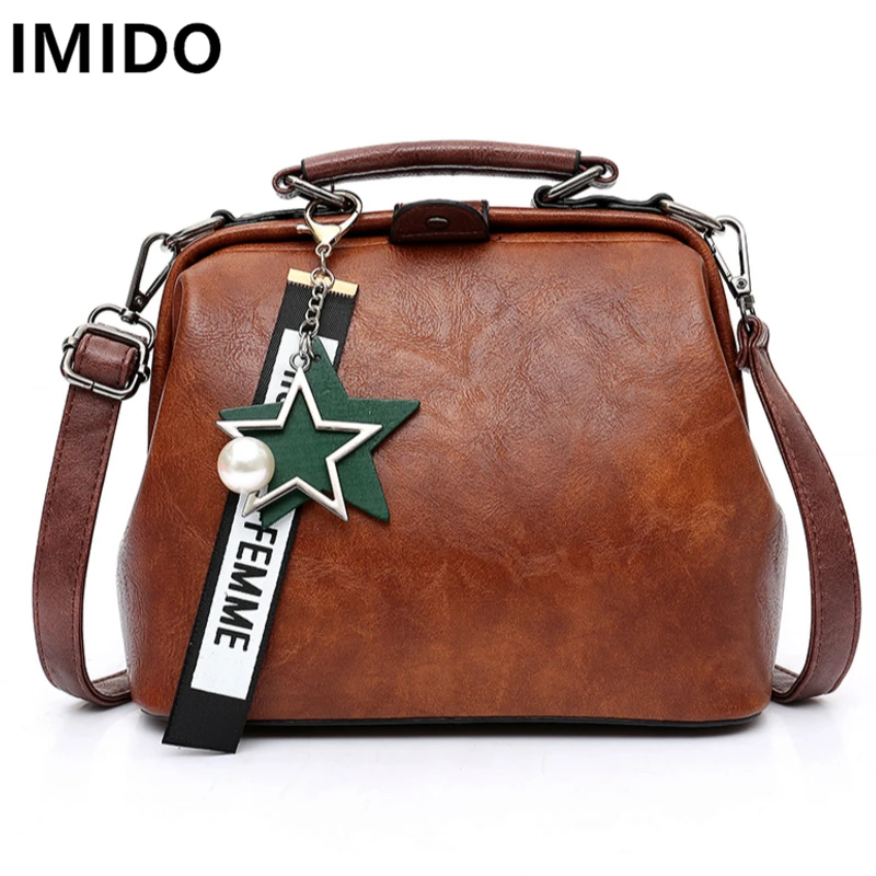 

IMIDO Spring Style Femaler Messenge Bag Oil Waxy Skin Women Handbags Fashion Retro Doctor Bag Lady's shoulder Crossbody Bags.
