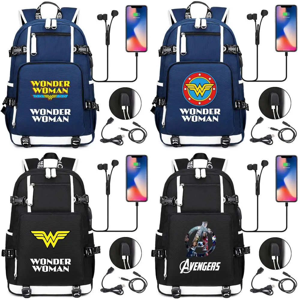 

Wonder Woman Avengers Backpack BookBags USB Port Bags Laptop School Travel Girls Boys Rucksack Mochila Gift