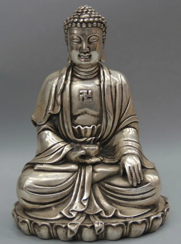 

Collectible bronze S1587 8" Tibet Tibetan Buddhism Silver Seat Bowl Shakyamuni Amitabha Buddha Statue