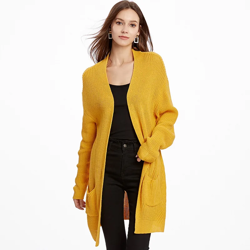 Осень и зима женский вязаный свитер кардиган свободный однотонный в полоску длинный рукав куртка размера плюс желтый черный серый - Цвет: Цвет: желтый