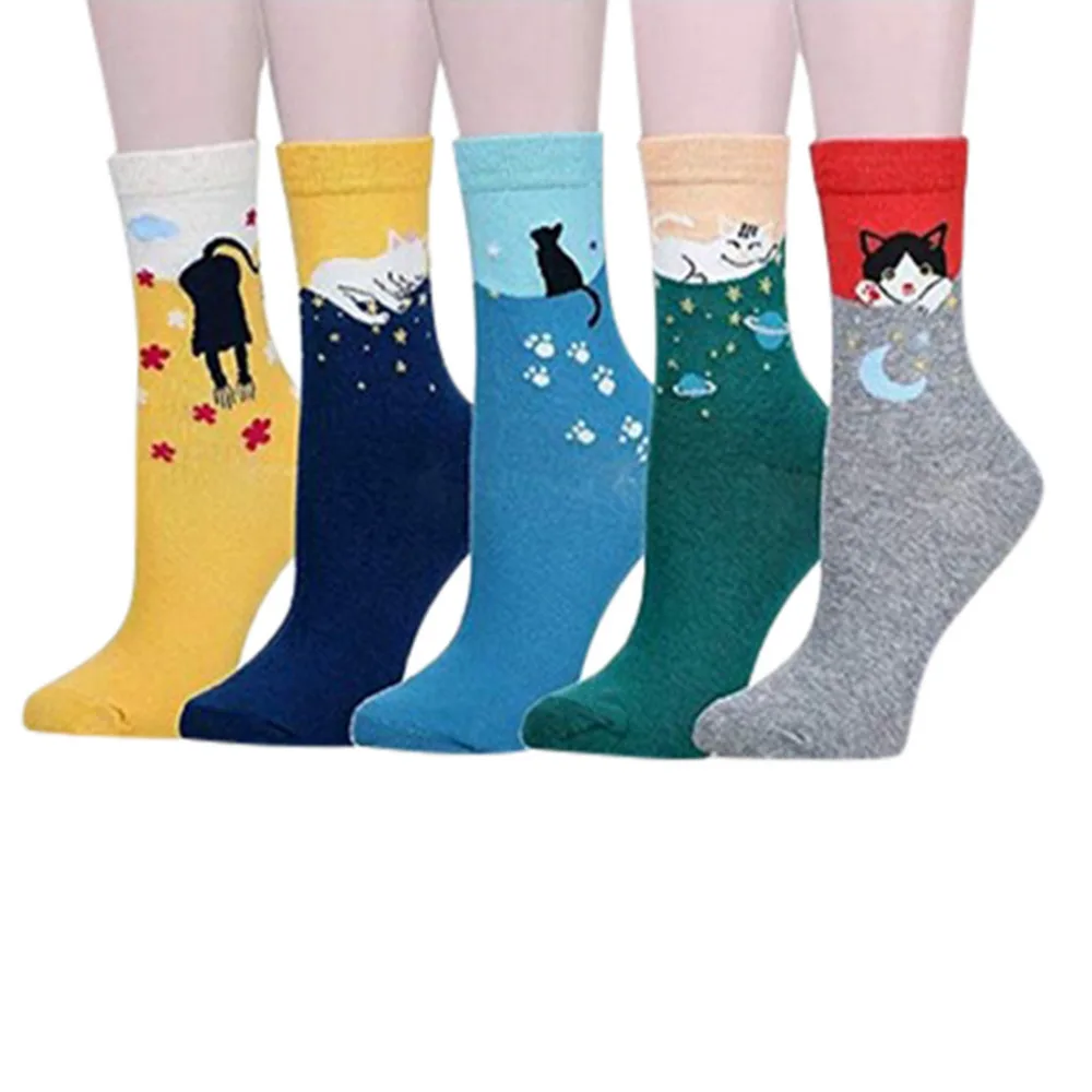 5PCS Women Students Funny Socks Cute Cartoon Fun Funky Striped Warm