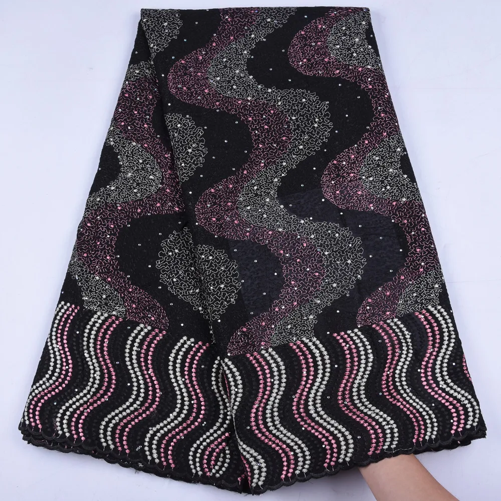 

Black Nigerian Voile Lace In Switzerland Fashion Swiss Cotton Lace Fabric Stoned Cotton Lace Fabric For Nigerian Dress F1662