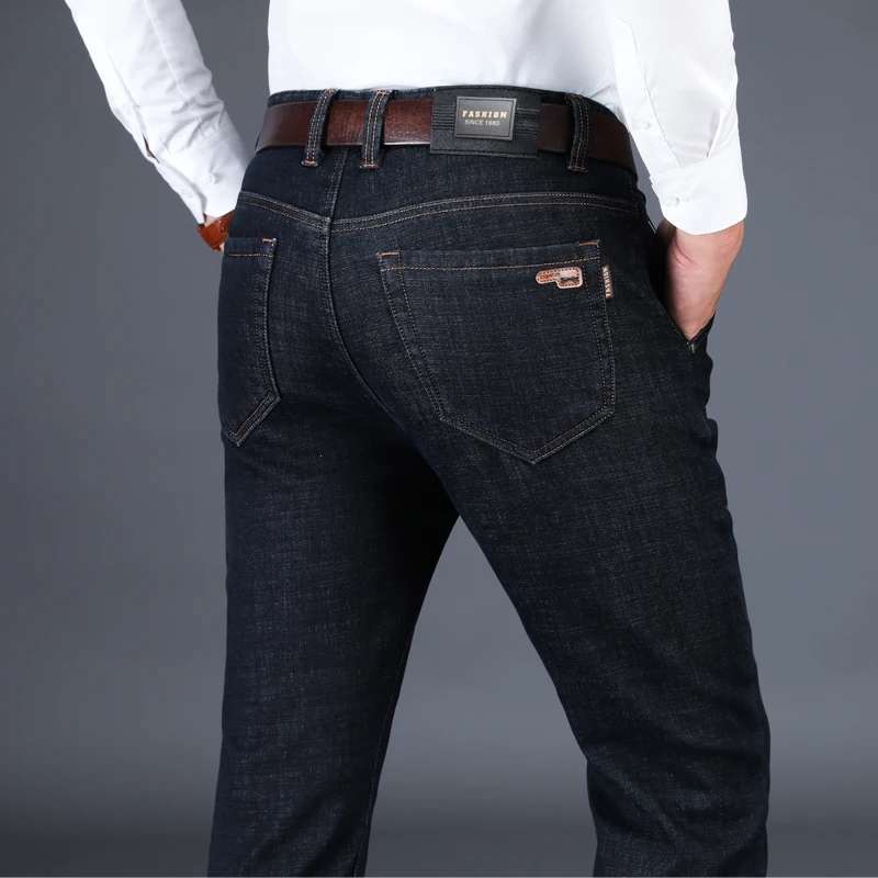 EVES Classic Fleece Business Black Jeans For Men Slim Fit Autumn Winter Spring Trousers Male Casual Thick Warm Denim Homme Pants