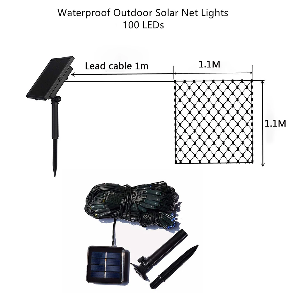 Светодиодная сетчатая гирлянда на солнечных батареях 1,1x1,1 м 2x3 м для дома, сада, окна, занавески, декоративные огни для рождественской