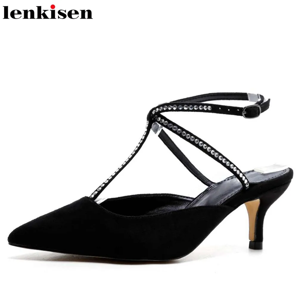 

Lenkisen 2018 new kid suede summer pointed toe solid shallow ankle strap med heels beading concise style sandals women pumps L96