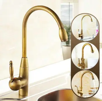 

Wholesale And Retail Deck Mounted Single Handle single Hole kitchen Mixer Faucet Antique Brass Hot and Cold Water tap H5088