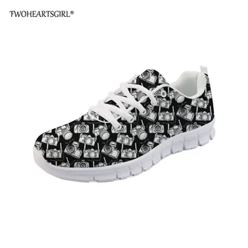 

Twoheartsgirl Comfortable Camera Pattern Mesh Sneakers for Women Lace Up Female Flat Vulcanize Shoes Soft Walking Shoes Plus