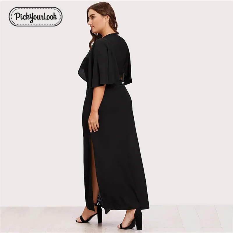 Pickyourlook, женское платье большого размера, летнее, черное, большое, макси платье для женщин, с вышивкой, глубокий v-образный вырез, короткий рукав, Robe Femme Vestidos