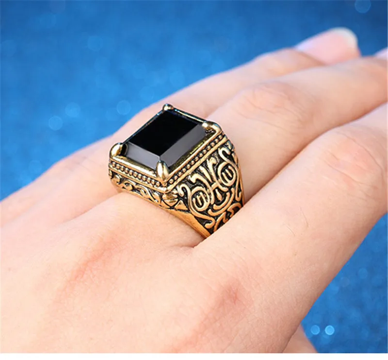Classic Retro Rings for Men Black/Red Square Stone Anchor Signet Ring Crowm Woman Band Antique Crystal Turkish Jewelry Zircon
