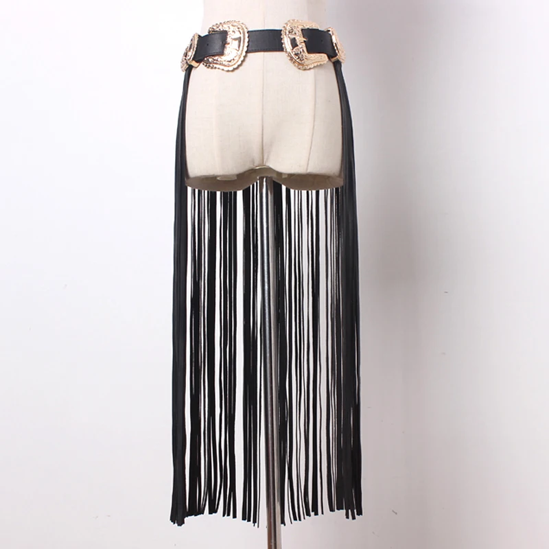 New fashion Metal double buckle women leather tassel belts Fringe Black