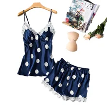 Herislim Silk Pajama Set Women Fashion Polka Dot Pijamas Sexy Lace Trim Cami And Shorts 2Pcs Pajamas Sleepwear Nighty Home Wear Herislim Silk Pajama Set Women Fashion Polka Dot Pijamas Sexy Lace Trim Cami And Shorts 2Pcs Pajamas Sleepwear Nighty Home Wear
