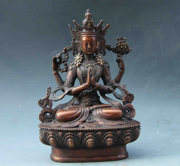 6 "Buddismo Rame Rosso Bronzo Quattro Braccia Guan Yin Kwan-Yin Boddhisattva Dea