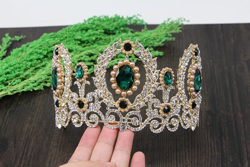 HIMSTORY роскошное зеленое, в стиле барокко с короной со стразами королевские украшения для волос ювелирные изделия для выпускного вечера свадебные аксессуары для волос
