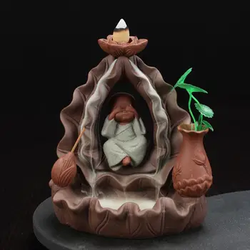 

The Little Monk Small Buddha Censer Ceramic Backflow Incense Burner Holder For Home And Office And Tea House Decor +10pcs Cones