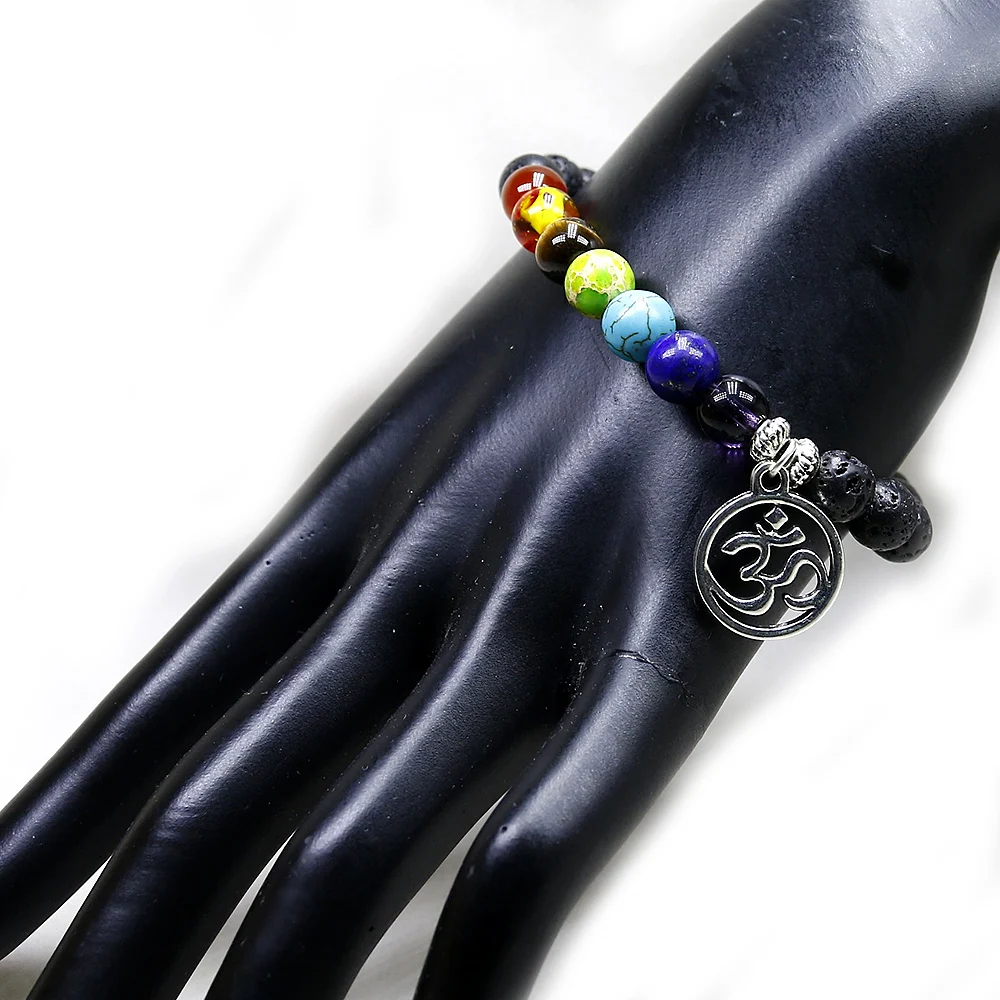 Натуральный камень мужские браслеты Черная Лава 7 Чакра целебный баланс 8 мм бусины рейки молитва Ом Йога браслет для женщин