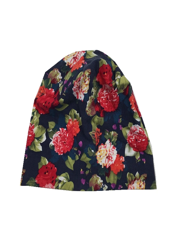 

B17812 Fashion denim red flower printed beanies cotton skullcap good stretchy girls flower hat for women design custom