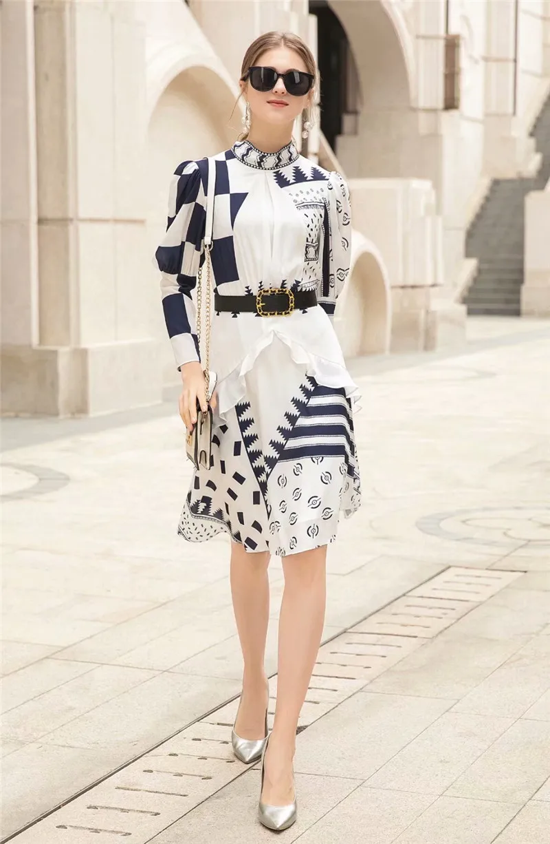 Brand Designer Fashion Runway Spring Summer Dress Women Long Sleeve Bow Tie Geometric Print Casual Dress robe femme Vestido