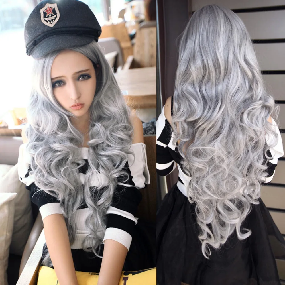 Wanita harajuku style gray cosplay wig tubuh rambut ...