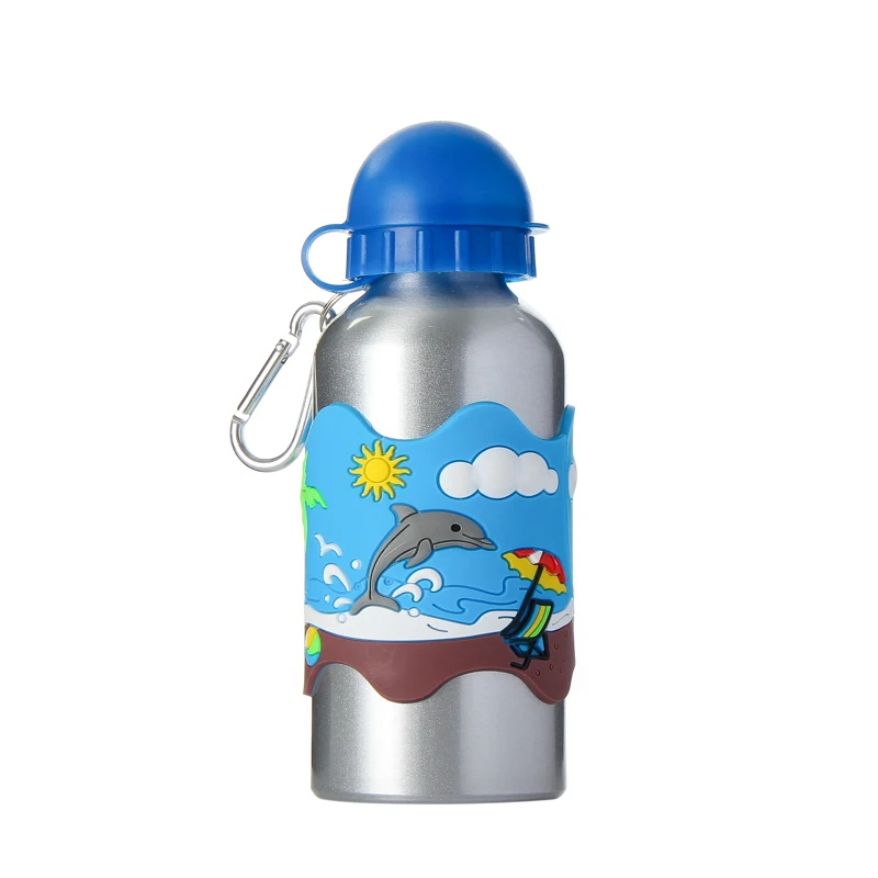 Children Cartoon Water Bottle 3D Blue PVC Embossed Dolphin Beach Aluminium Alloy With Clasp Traveling Kettle