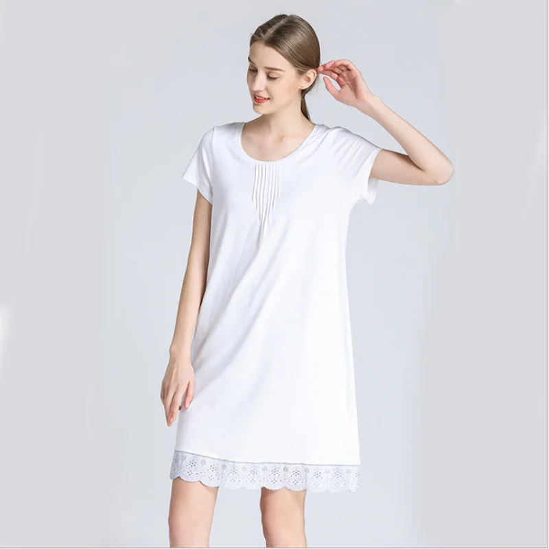 

2019 Summer Women Sweety White nightgown Female Modal Cotton Modal nightdress ladies Short sleeve O-neck collar sleepwear dress
