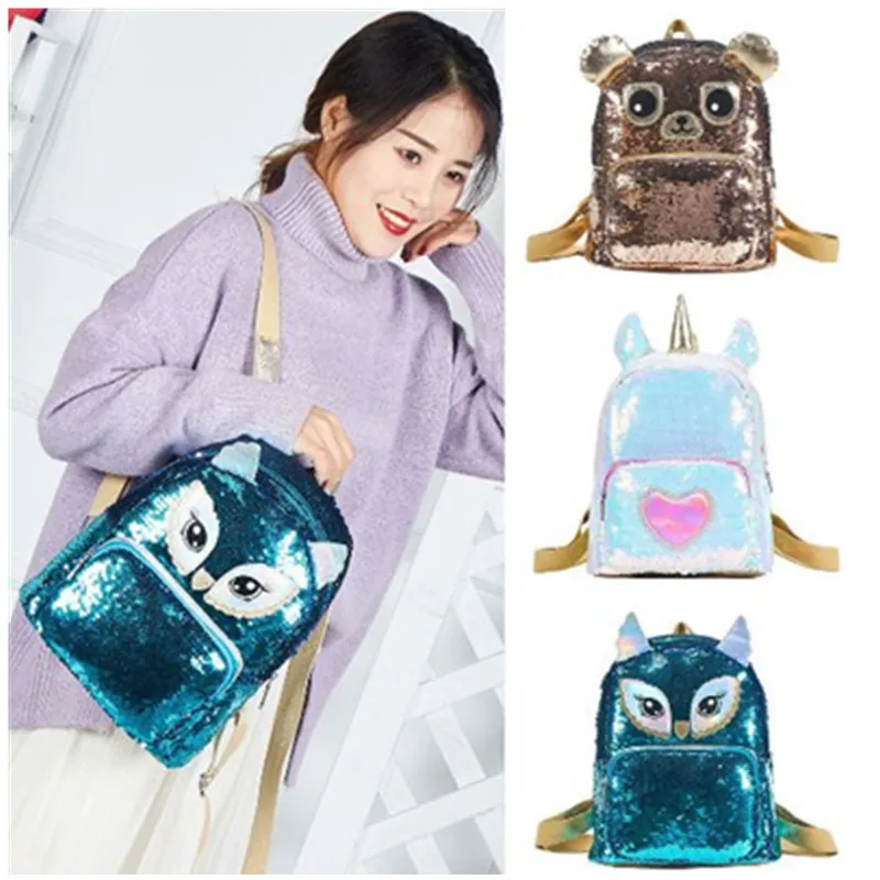 

Fashion Color Sequin Pu Leather Cartoon Unicorn Devil Casual Women's Backpack Zipper Shoulder Bag Pouch For Women School Bag