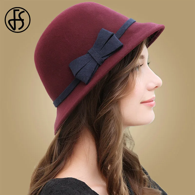 

FS Women wool Felt Hats Bowknot Sombrero Formal Fedoras Winter Femme Wide Brim Fedora Vintage Hat chapeu Feminino Church Hats