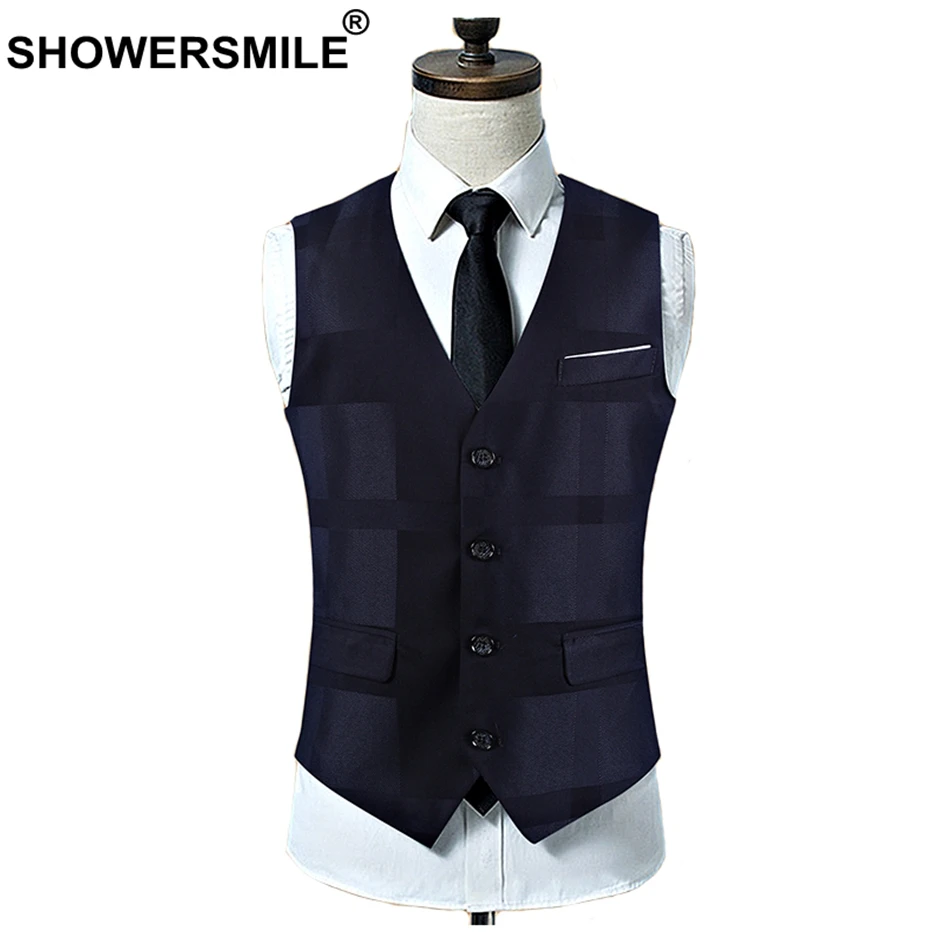 

SHOWERSMILE Navy Blue Suit Vest Men Smart Casual Slim Fit Waistcoat Male Black Work Wear Formal Classic Sleeveless Jacket New