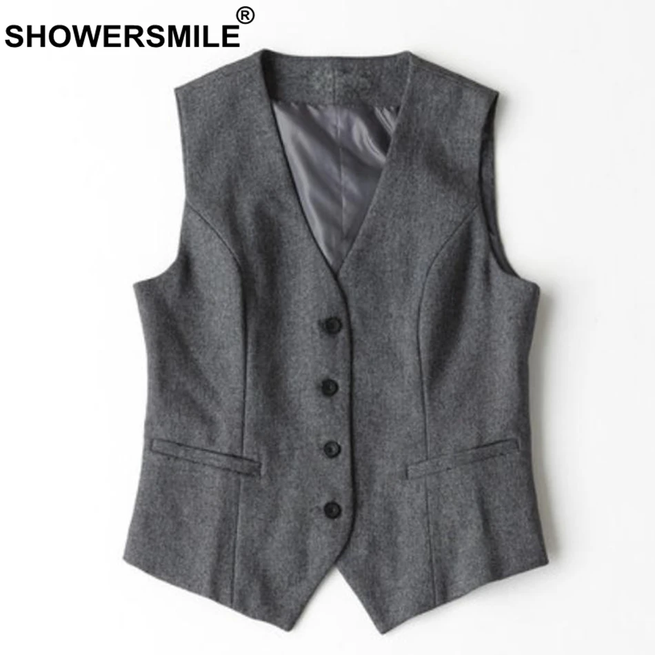 SHOWERSMILE Women Grey Vest 2019 Plus Size Striped Short Waistcoat Ladies Spring Autumn Slim Fit Sleeveless Jacket Classic Vests