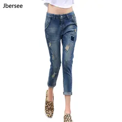Сезон: весна–лето модные рваные Рваные джинсы для женщин; Большие размеры обтягивающие джинсы женские синие джинсы Брюки для девочек