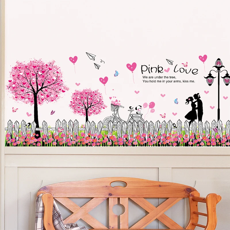 

[SHIJUEHEZI] New Design Pink Color Tree Baseboard Sticker for Home Decor Living Room PVC Material DIY Wall Art Muursticker