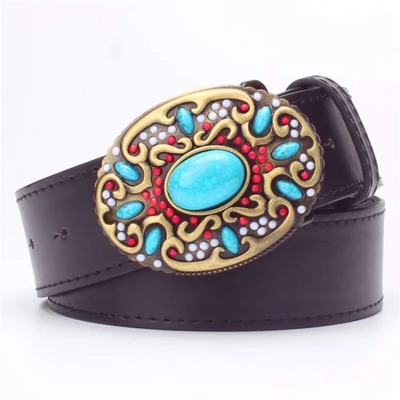 

Fashion women' leather belt Inlaid turquoise Metal buckle colored gemstones decorative belts gift for women flower belt