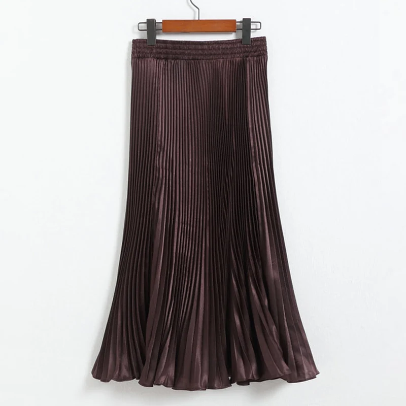 Qiuxuan, яркая металлическая шелковая ткань, облегающая, эластичная, высокая талия, женские плиссированные юбки, разные цвета, Летняя женская повседневная юбка средней длины - Цвет: Coffee