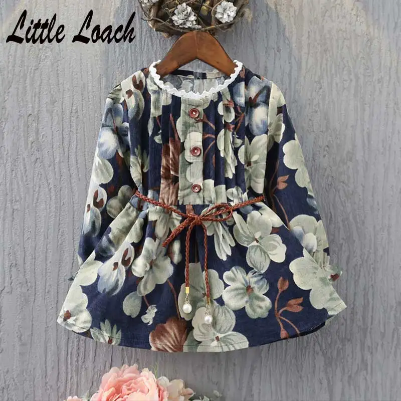 

Princess Long Sleeve Dresses Kids Clothing For Kids 2-7Years Spring Autumn Elegant Clothes Vintage Cotton Girls Floral Dress