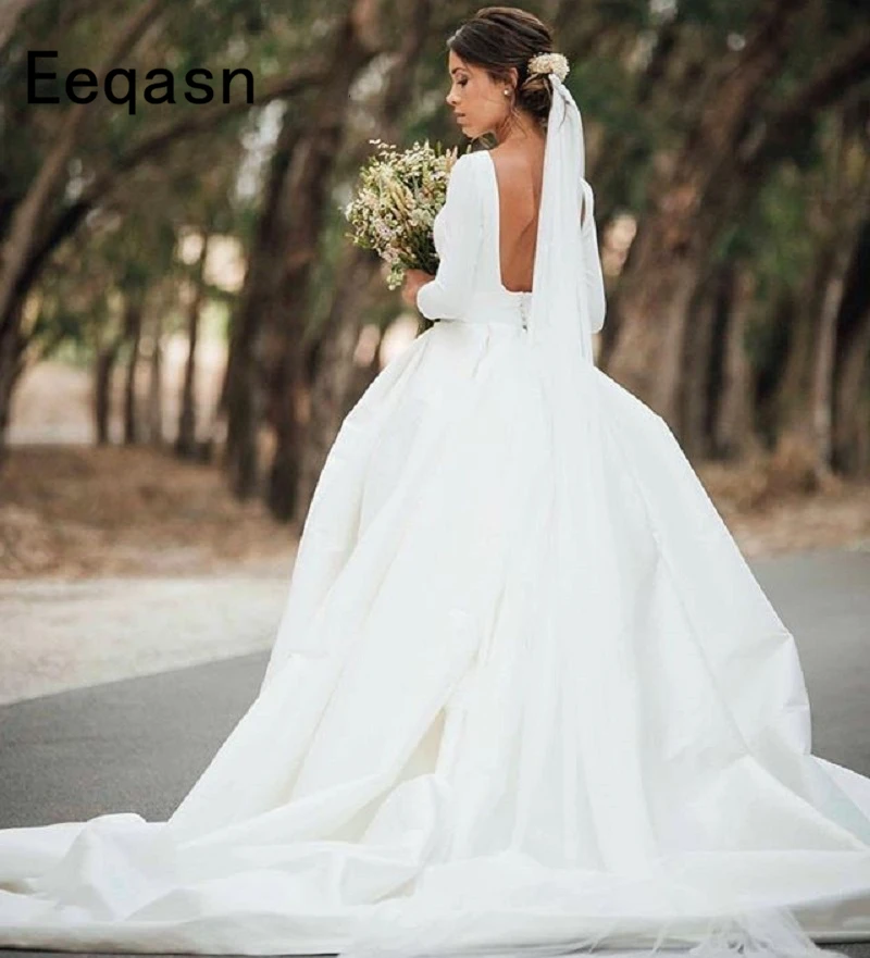 Шикарное Элегантное Длинное атласное свадебное платье сексуальное платье с открытой спиной 3/4 рукава со шлейфом для невесты Vestido De Noiva Плюс размер