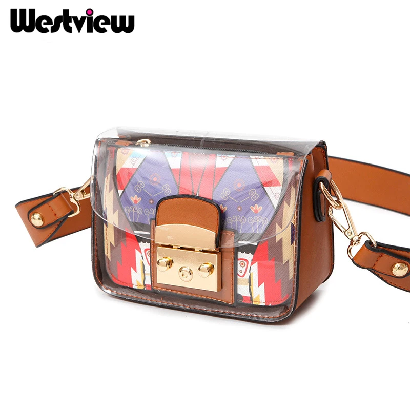 

WERTVIEW Fashion Printed Women Messenger Bags PU Leather Geometric Flap Luxury Handbags Transparen Single Shoulder Crossbody Bag