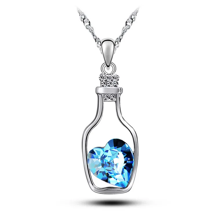 

925 Sterling Silver 3 Color Wishing Bottles Crystal Necklace Women Fashion Heart Summer Jewelry