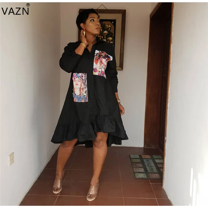 

VAZN New 2019 Age Reduction High Street Fashion Casual Style Women Dress Character Full Sleeve Overalls Loose Midi Dress JN14