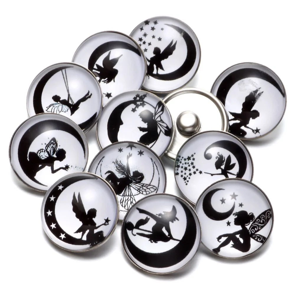 12pcs/lot Black&White Theme Moon& Fairy Pattern 18mm Snap Button Charms For 18mm Snaps Bracelet Snap Jewelry KZ0633