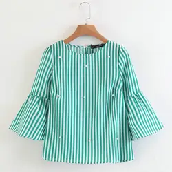 Повседневное Для женщин Элегантный жемчуг Бисер Рубашка в полоску flare рукавом o-образным вырезом блузка женская летняя брендовая модная