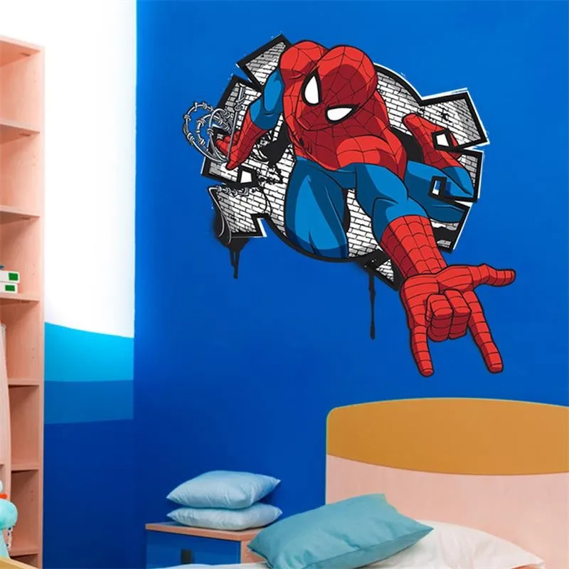 3D Мультяшные наклейки на стены с человеком-пауком, съемные ПВХ наклейки на стену, Фреска для детской комнаты, спальни, домашний декор, виниловые обои, художественный плакат