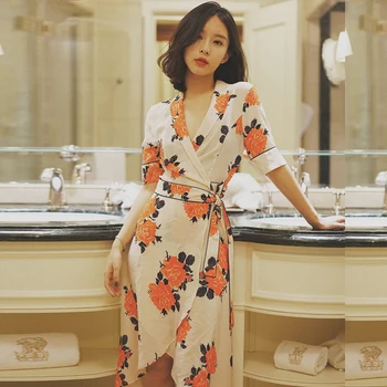 

Women Wrap Dresses Mid-calf Length Floral V-neck Half Sleeve Elegant Bohemian Beach Casual Ladies Dress Clothing Summer 2019