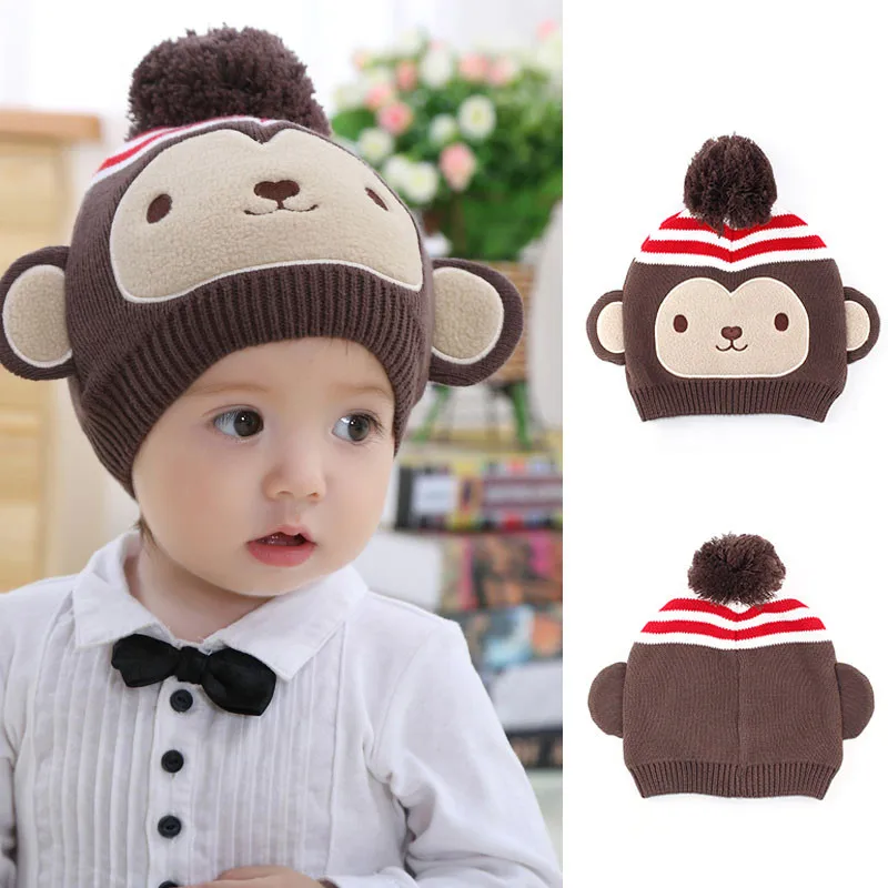 Autumn Winter 100 Cotton Cartoon Pattern Hats Beanies For Newborn Toddler Brown Monkey Style