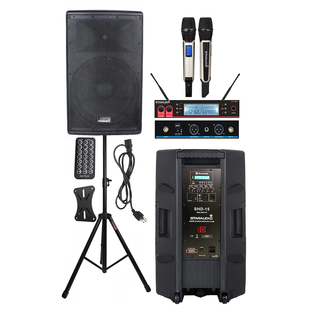 

STARAUDIO 15 Inch Powered 4000W PA DJ Active Karaoke Speaker Audio KTV Stage Stand 2CH UHF Wireless Handheld Microphone SHD-15